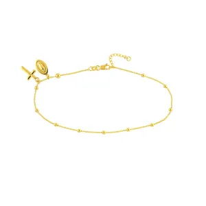 14K Yellow Gold Virgin Mary and Cross Adjustable Anklet