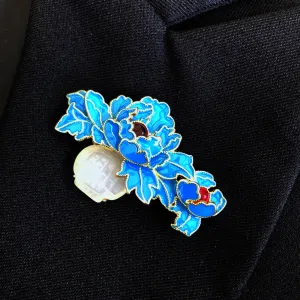 Enamel Tree Peony Brooch with White Jade