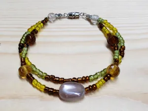 Green, Yellow & Brown Glass Bead Anklet with Focals and Screw Clasp