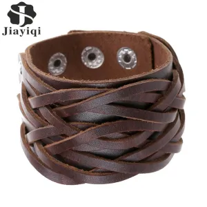 Jiayiqi New 3 Colors Genuine Leather Bracelets Punk Wide Cuff Bracelets & Bangles for Women Men Jewelry Accessories Wristband