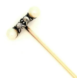 Pearl & Diamond Handmade Stick Pin 9ct Yellow Gold Fine Vintage Jewellery