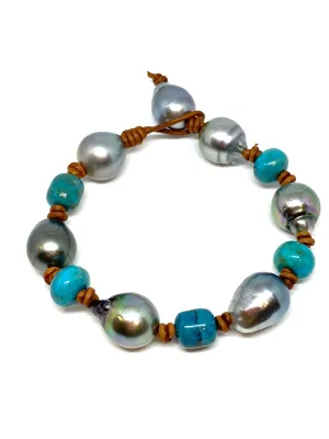 Perle by Lola Tahitian Pearl and Turquoise on Leather Bracelet